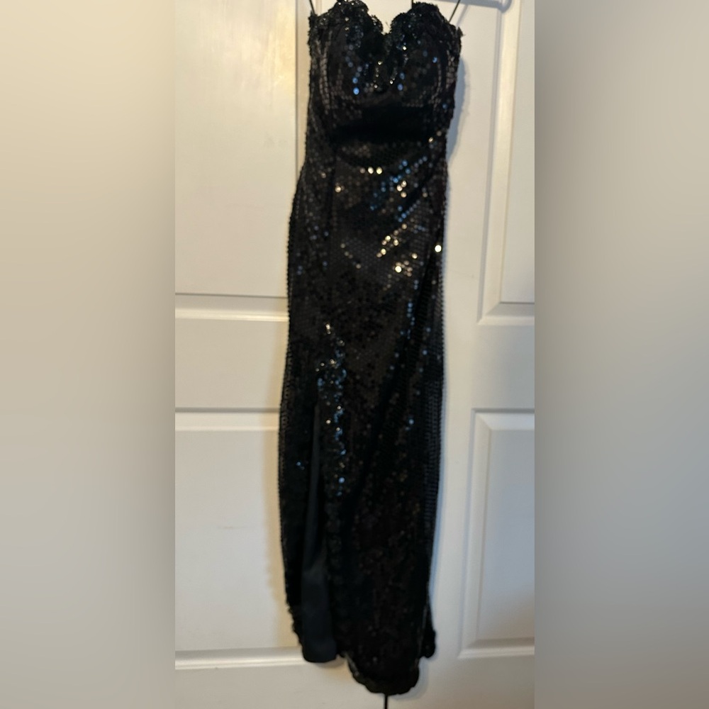 Elegant Black Sequin Strapless Vintage 90s Evening Gown by Carol
